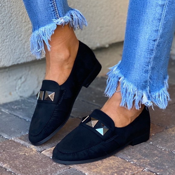 Black Studs Vamp Boyfriend Slip On Loafer Flats - Picture 3 of 8